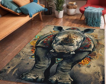 Contemporary Rhino Area Rug, Modern Mandala Living Room Art Deco Rug, Wildlife Lover Bedroom Floor Carpet, Gift For Dad, Housewarming Gift