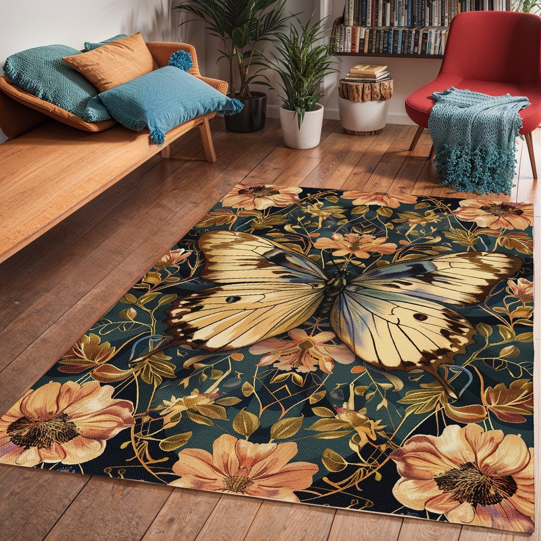 Rustic Butterfly Area Rug, Cottagecore Living Room Art Deco Rug ...