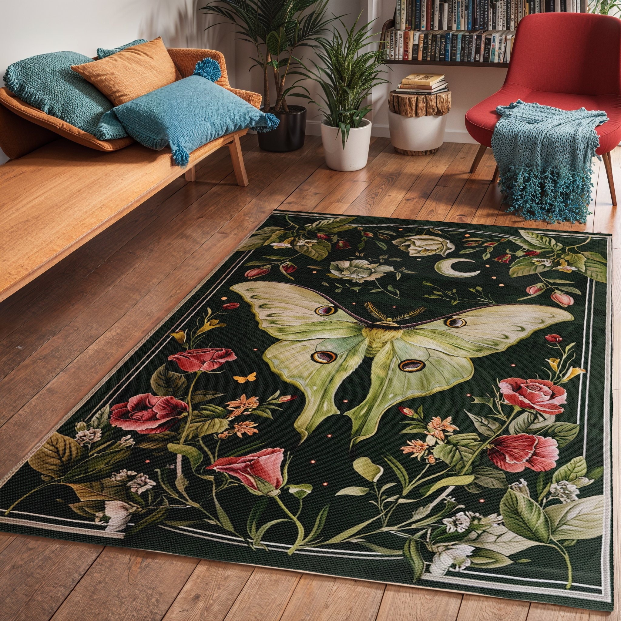 Cottagecore Luna Moth Area Rug, Butterfly Moth Living Room Art Deco Rug, Nature Lover Room Decor, Thanksgiving Gift, Washable Area Rug