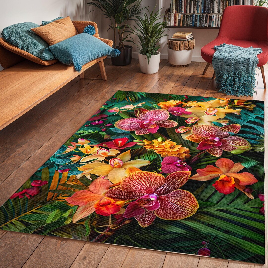 Orchidea Rugs Tropical Orchid Area Rug, Farmhouse Decor Carpet - Orange Floral Design ...