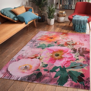 Art floral rose carpette pour ado, décoration de chambre girly, tapis de sol art déco, unique tapis de dortoir, décoration florale pour la maison, tapis rose fête des mères