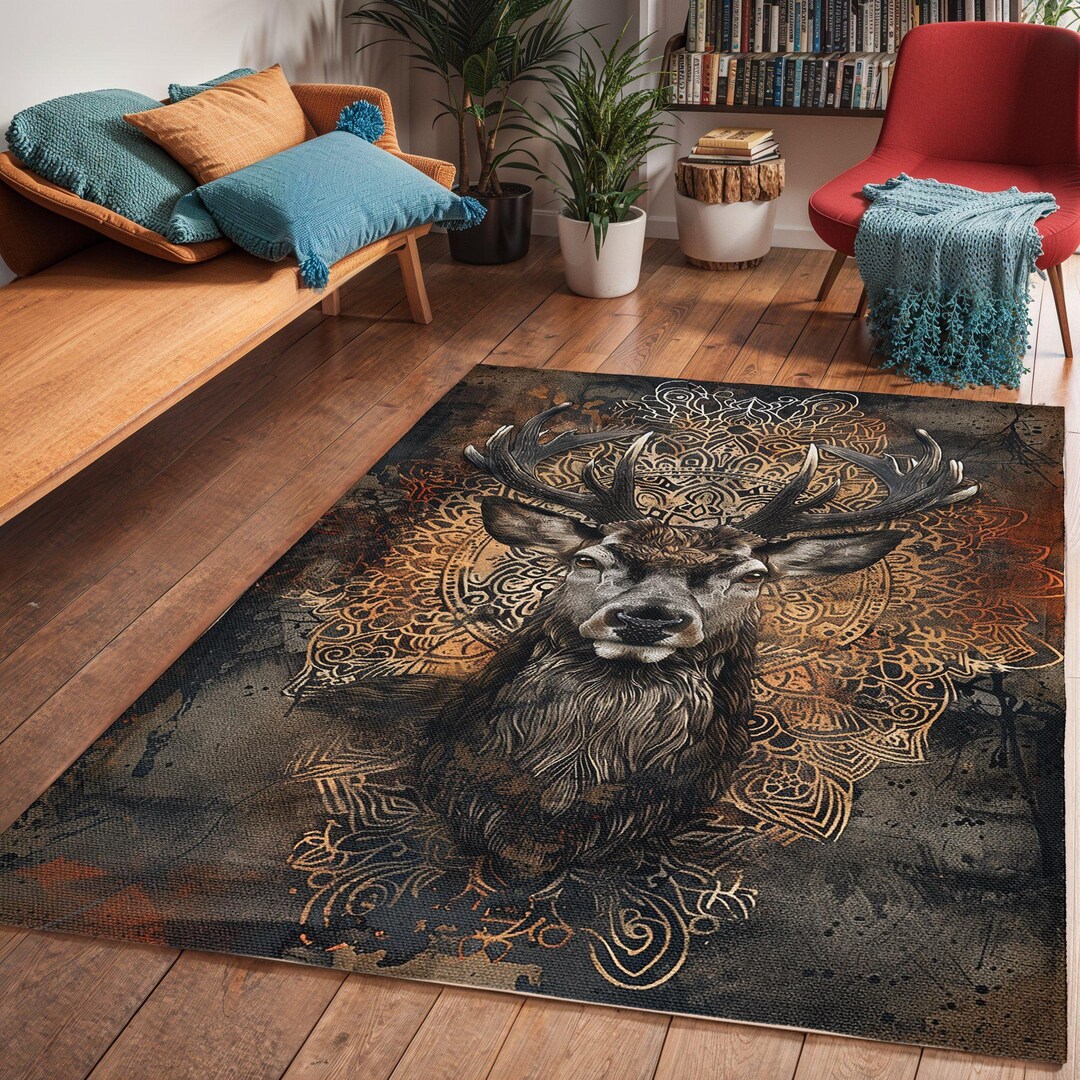 Modern Deer Mandala Area Rug, Mancave Art Deco Rug, Contemporary Living ...