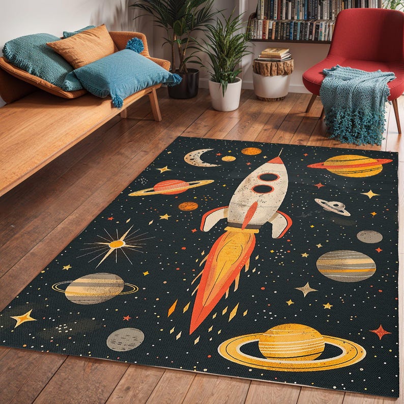 Celestial Kids Area Rug: Spaceship Rocket Nursery Playroom Carpet - Etsy