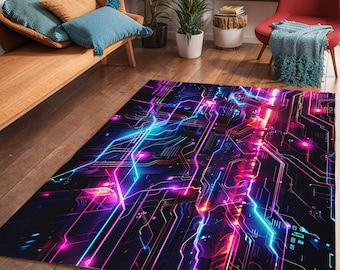 Futuristic Gaming Room Rug: Neon Circuit Board Accent