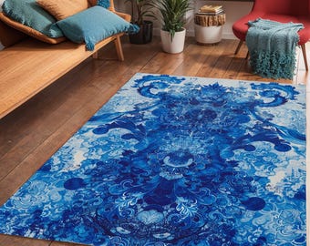 Abstract Blue Oushak Art Area Rug: Modern Art Deco Floor Decor