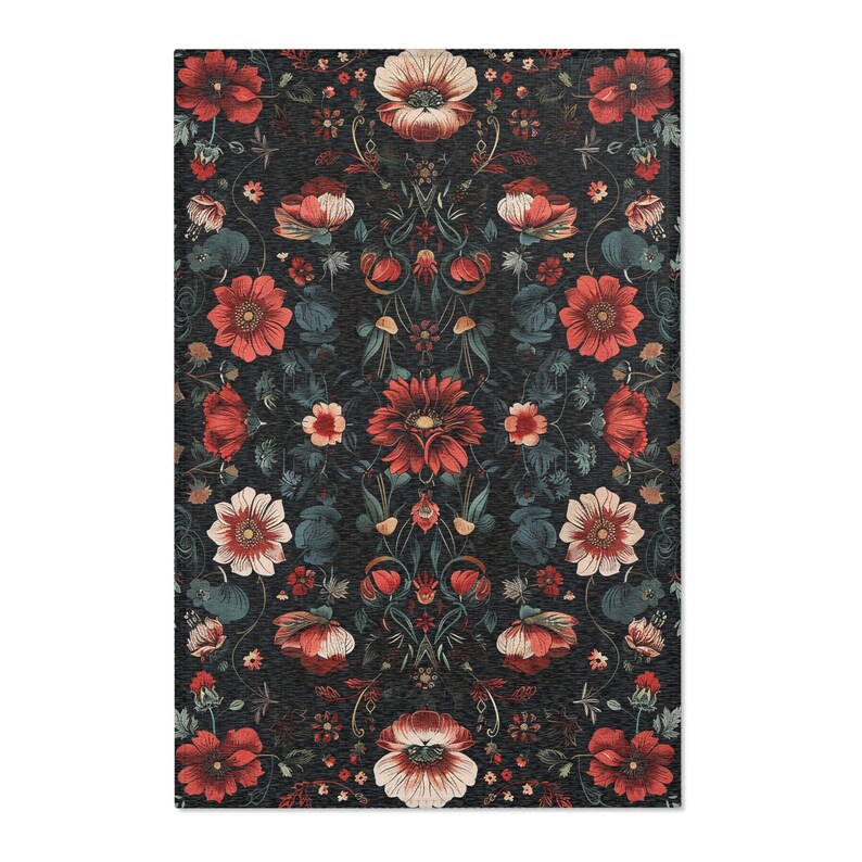 Red Floral Victorian Area Rug, Moms Kitchen Floor Art Deco Rug, Girly