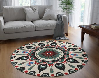 Modern Turkish Round Area Rug: Tropical Art Deco Carpet