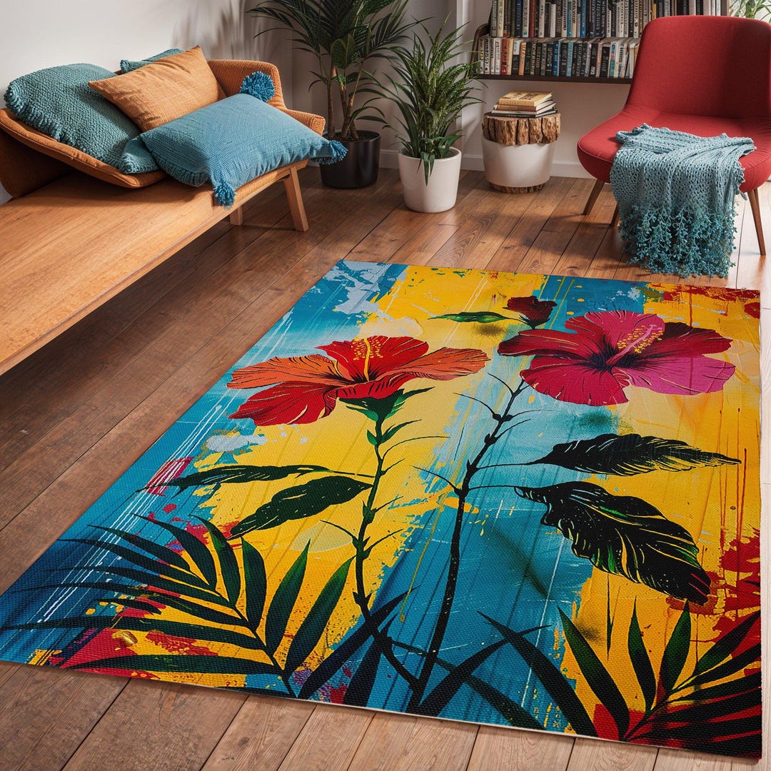 Hibiscus Rug Red Tropical Hibiscus Art Area Rug, Teens Dorm Art Deco Rug, Moms ...