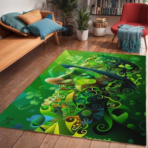 St Patrick&#39;s Day Art Area Rugs, Modern Living Room Floor Carpet, Shamrock St Paddy&#39;s Rug Decor, Clover Design Rug, Green Leprechaun