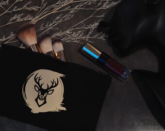 ブラックキャンバスメイクアップバッグ | フクロウと鹿のスタッグデザイン | 森の動物のジッパーポーチ ナチュラルギフト