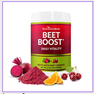 May include: A red and green container of Beet Boost Daily Vitality powder with beets, cherries, and an orange slice on a white background. The container is labeled "Beet Boost Daily Vitality" and "Beets with Tart Cherries, Net. Wt. 8.5 oz (240g) Powder".