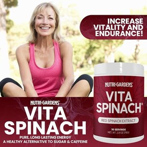 May include: An advertisement for Nutri-Gardens Vita Spinach. The image features a woman in a pink tank top, and a container of Vita Spinach. The text on the container reads "Red Spinach Extract" and "Pure, Long Lasting Energy".