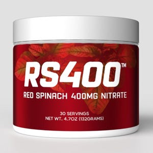 May include: A white-lidded container with a red label featuring the text "RS400" and "Red Spinach 400mg Nitrate." The label also indicates "30 servings" and "Net Wt. 4.7oz (132grams)." The background shows red spinach leaves.