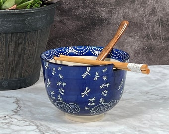 Oriental Dragon Fly Blue Ceramic Ramen Noodle Rice Bowl 5" wide Gift Set of 3 pieces Bowl with Chopsticks and Spoon