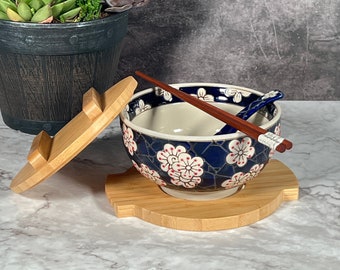 Oriental Floral Pattern Rice Noodle Ramen Bowl Set with Lid, Tray, Chopsticks and Spoon Set of 5 pieces