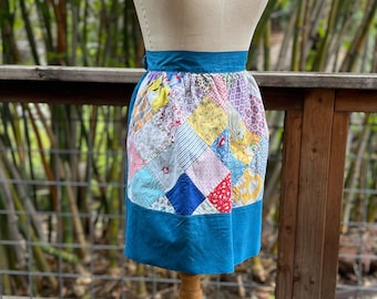 Vintage Quilt Half Apron -Blue 1950s Cotton Hostess Apron - Imperfect