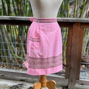 Vintage Handmade Half Apron - Gingham Ric Rack Cross Stitch Pink and White 1950s Hostess Apron