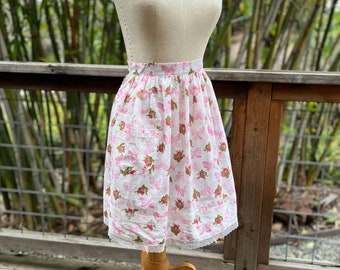 Vintage Handmade Half Apron - Lightweight Floral and Lace Pink and White 1950s Hostess Apron