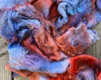 Hand Dyed Silk Mulberry Lap Fiber for Spinning or Felting in Sunrise / Blue, Orange and Purple 100% Silk Laps Similar to Silk Hankies