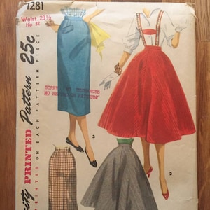 1950&#39;s Simplicity Skirt and Suspenders Pattern #1281 Vintage  - Waist 23 1/2&quot; - 1950s skirt pattern / women&#39;s suspender / lederhosen