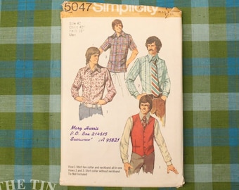 70s Simplicity 5047. 36, 42, or 44 Chest. Vintage Mens Long Sleeve