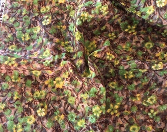 Vintage 1950s Screen Printed Acetate in a Soft Floral Print  - Brown, Green and Yellow Vintage Fabric