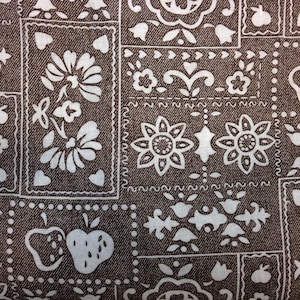 Vintage Fabric / Fruit Fabric / Flower Fabric / 1970&#39;s Fabric -By the Yard- Brown White Fabric / Strawberry Fabric / Faux Patchwork Fabric