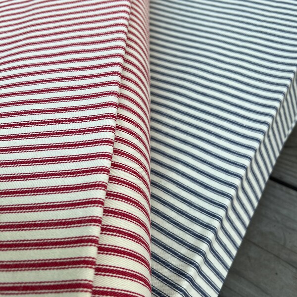 Cotton Ticking Fabric in Red or Blue Stripe Fabric / 100% Cotton Ticking - 1 Yard - Cotton Fabric / Canvas Weight / Home Decorator Weight