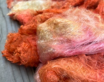 Hand Dyed Silk Mulberry Lap Fiber for Spinning or Felting in Tropicana / Orange, Peach & Yellow 100% Silk Laps Similar to Silk Hankies