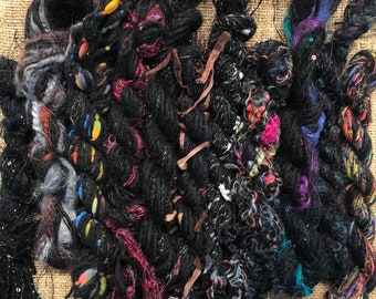 Fiber Frenzy Bundle / Mixed Bundle of Yarn in Black / Great for Felting / Approximately 24 Yards / 8 Strands Each 3 Yards Long