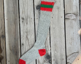 Calza vintage in lana spessa - Grigio Rosso e Verde con linguetta per appenderla - Autentica degli anni '30/'40