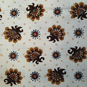 Vintage Fabric / 1970&#39;s Fabric / Floral Fabric / Medallion Fabric -1 3/8 Yards- Cotton Fabric / Cream Brown Fabric / Jacobean Fabric
