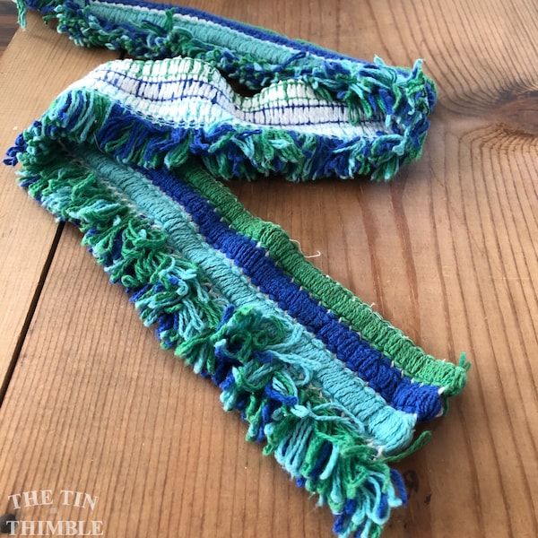 Vintage Fringe Trim - 1960s Blue, Green and White Cotton Fringe Trim by the Half Yard - 2 3/4" Wide