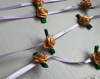 Handmade Rosette Satin Ribbon Trim - Lavender, Gold and Green Floral -  1.5 Yards