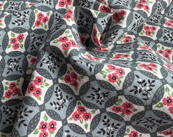 Vintage Grey and Pink Printed Floral - By the Piece - Grey and Pink 100% Cotton Floral Fabric