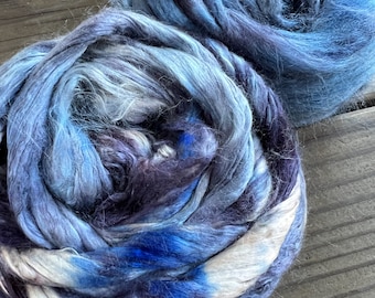 Hand Dyed Cultivated Bombyx Silk Fiber for Spinning or Felting in 'Stormy Skies' - Shiny Hand Dyed Silk Top