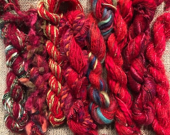 Fiber Frenzy Bundle / Mixed Bundle of Yarn in Red/ Great for Felting / Approximately 24 Yards / 8 Strands Each 3 Yards Long