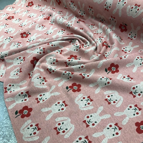 Jacquard Strick von Kokka Fabrics - 1 Meter - Japanisch / 100% Baumwollstoff / Gewebter Jacquard / Baumwoll Jacquard Meterware / Hase Print / Rosa