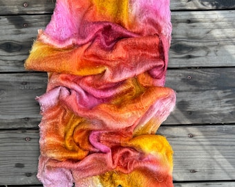 Hand Dyed Silk Mulberry Lap Fiber for Spinning or Felting in Rose Bouquet - Orange, Yellow and Pink 100% Silk Laps Similar to Silk Hankies