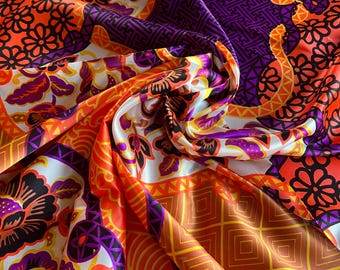 Vintage 1970s Floral Print Fabric - Orange Purple Faux Silk Polyester
