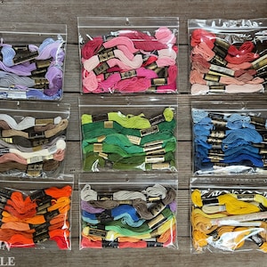 May include: Nine clear plastic bags filled with embroidery floss. Each bag contains a variety of colors, including purple, pink, red, brown, green, blue, orange, yellow, and white.
