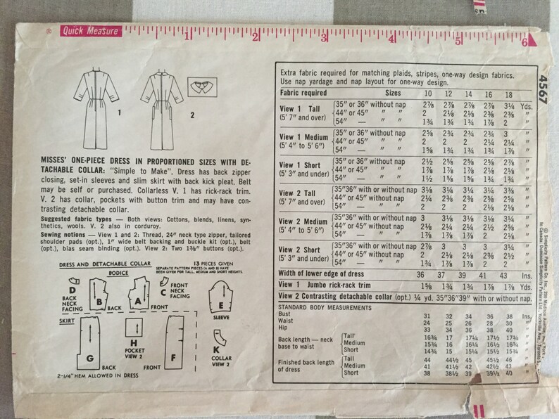 1960s Simplicity Dress & Detachable Collar Pattern 4567 Sz 10 - Etsy