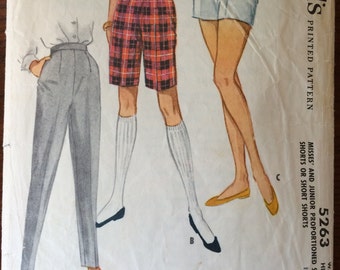 1950's Pants Pattern / Shorts Pattern / Bermuda Shorts / McCall's 5263 / Waist 26 Hip 36 / Vintage Sewing Pattern / Cigarette Pants
