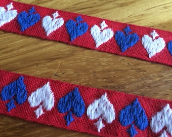 Vintage Embroidered Trim -1 Yard- Cotton Trim / Vintage Trim / Red White Blue Trim / Heart Trim / Spade Trim / Red Trim / Vintage Edging