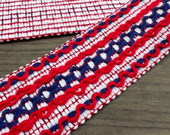 Vintage Embroidered Trim - By the Half Yard - 100% Cotton Authentic Vintage Trim - Red and Blue