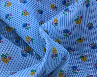 Vintage 1970er Leichte Baumwolle/Poly Blend Schieren Floral Streifen Stoff - Bulk Stock - Blau Floral gestreifter Stoff