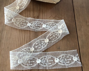 Antique Cotton Embroidered Lace Trim - 1 3/4 Inches Wide - By the Half Yard - Ivory Cotton