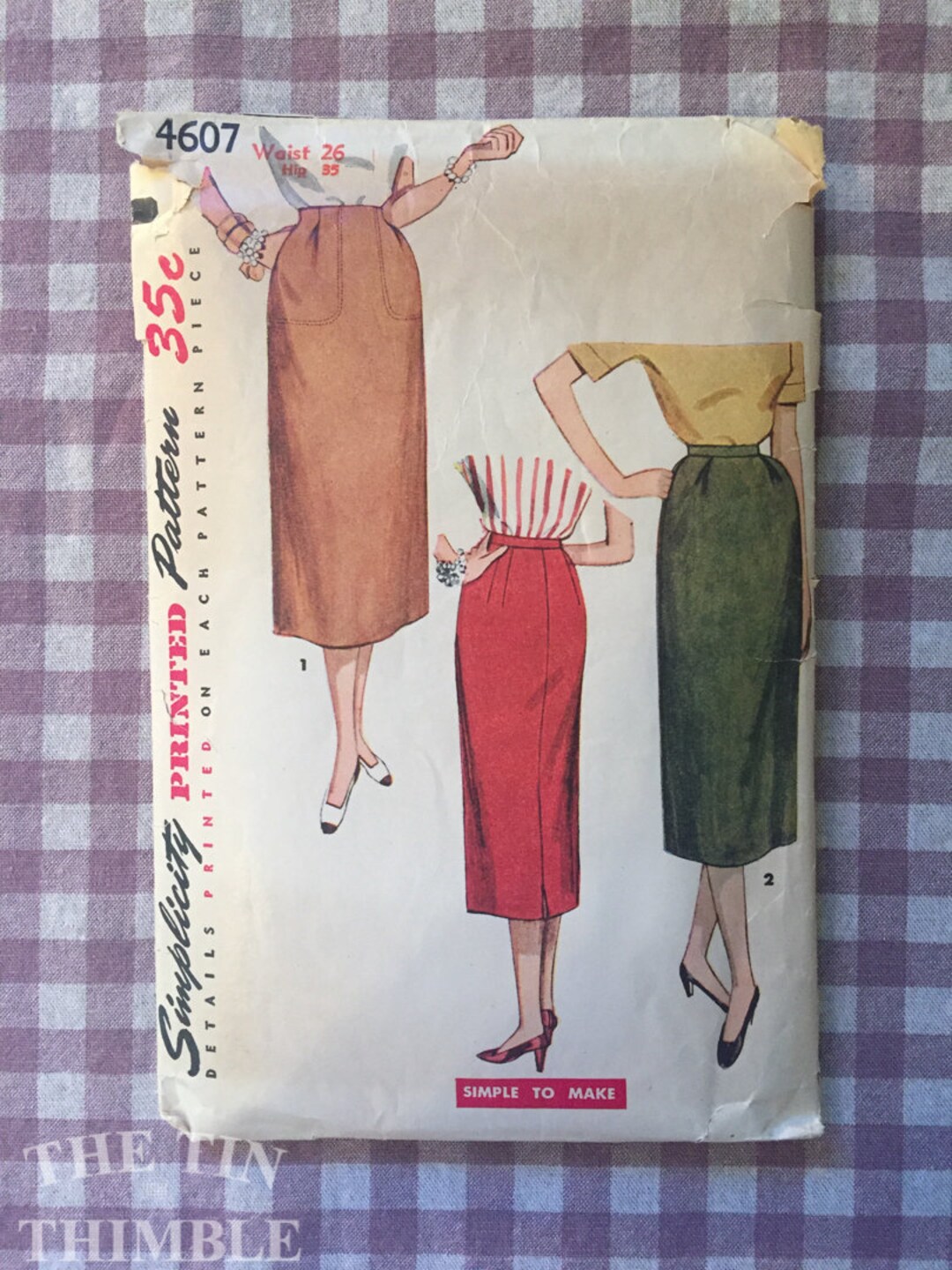 Vintage 1950's Simplicity One Yard Skirt Pattern 4607 Waist 26