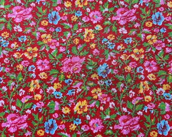 Vintage Calico Fabric / Red Fabric / Vintage Fabric - By the Yard - Cotton Fabric / Red Yellow Floral / Small Print / Small Floral Print