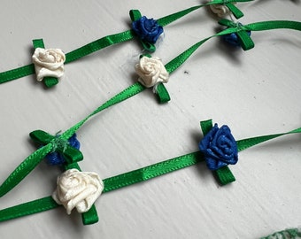 Handmade Rosette Satin Ribbon Trim - Blue and White Floral -  53" Long